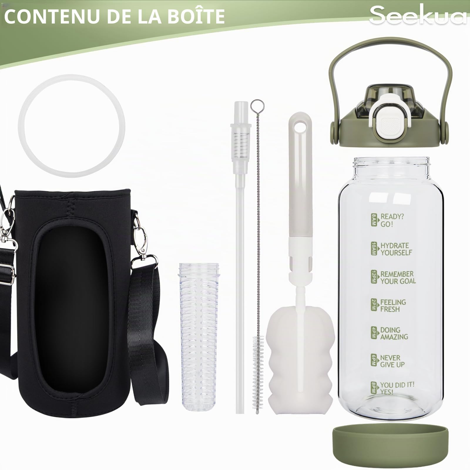 2l Sport Gourde Verre avec Paille & Infuseur à Fruits 2 litres grande Bouteille d'eau Verre avec Marqueur de Temps & Heure de Motivation