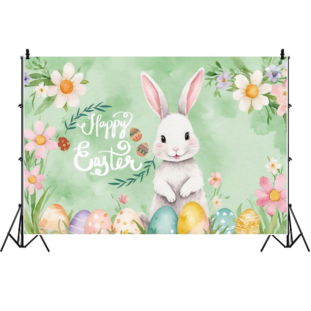 Duiduiren 10x8ft Happy Easter Backdrop, Green with Floral Pattern, Vinyl Material, Includes Backdrop Only