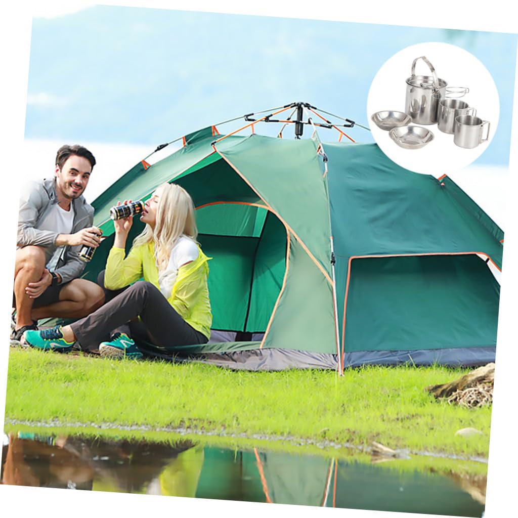 VANZACK Ensemble de Bouilloire Portable et Vaisselle Camping en Acier Inoxydable 5 Pièces, Léger et Résistant, Bol Pliable et Tasse, Ustensiles Cuisine Extérieur pour Randonnée et Pique-niques