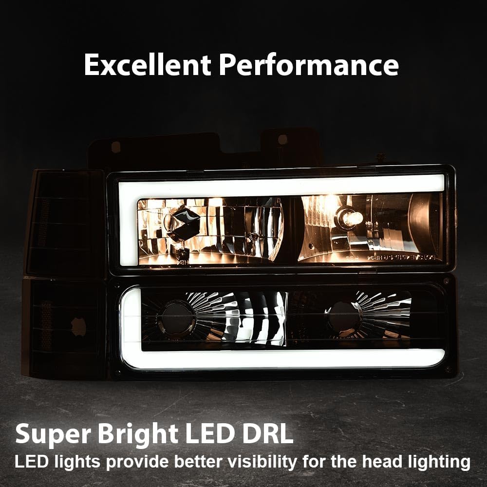 CROSSDESIGN LED Headlight Assembly Compatible with Chevy GMC & Chevy Suburban C/K 1994-1999/ Fit Chevy Tahoe & GMC Yukon 1995-1999 Pair Front Left & Right Clear Lens Black Housing Clear Reflector