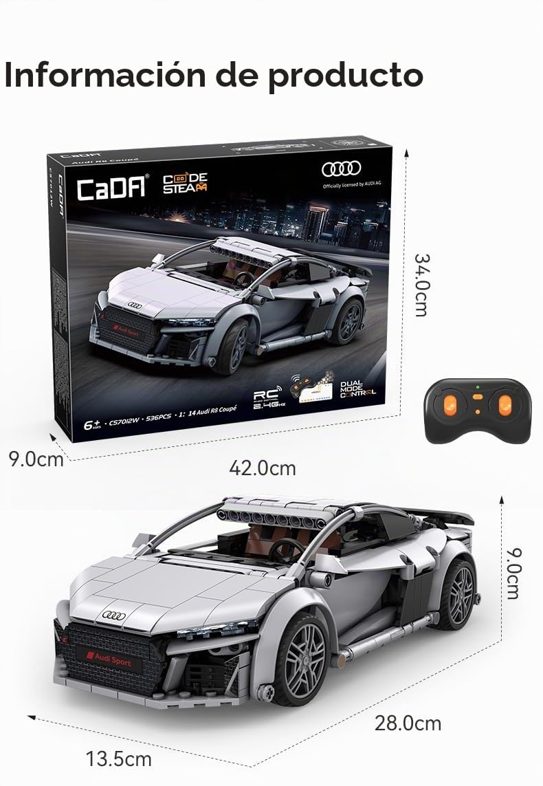 Cada - Audi R8 Coupé - 536 Piezas - Coche Deportivo a Escala 1:14 - App+RC - (DeQuBe 927DE57012)