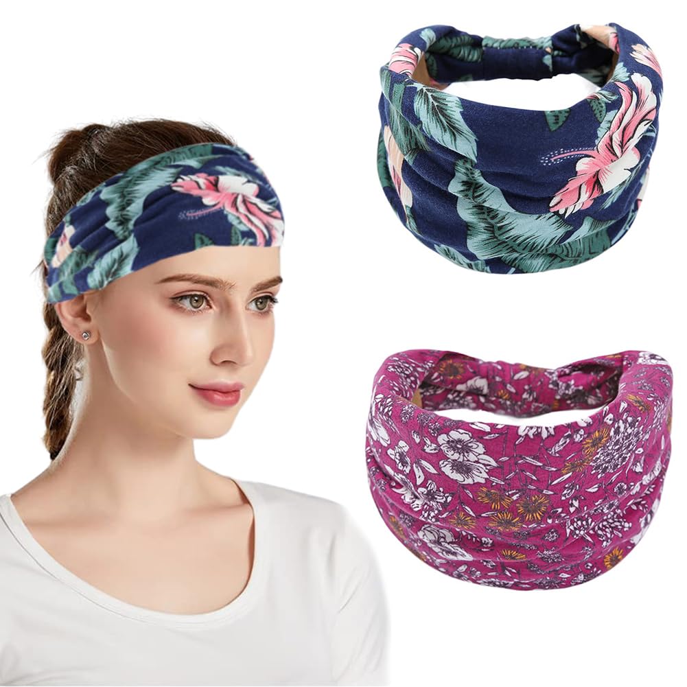 Headbands for Women Bohemian Head Bands Premium Stretchy Hair Accessories,Wear for Yoga, Fashion, Working Out, Travel or Running (Blue+Red,2 Pcs) (Blue+Red, Uniform size)
