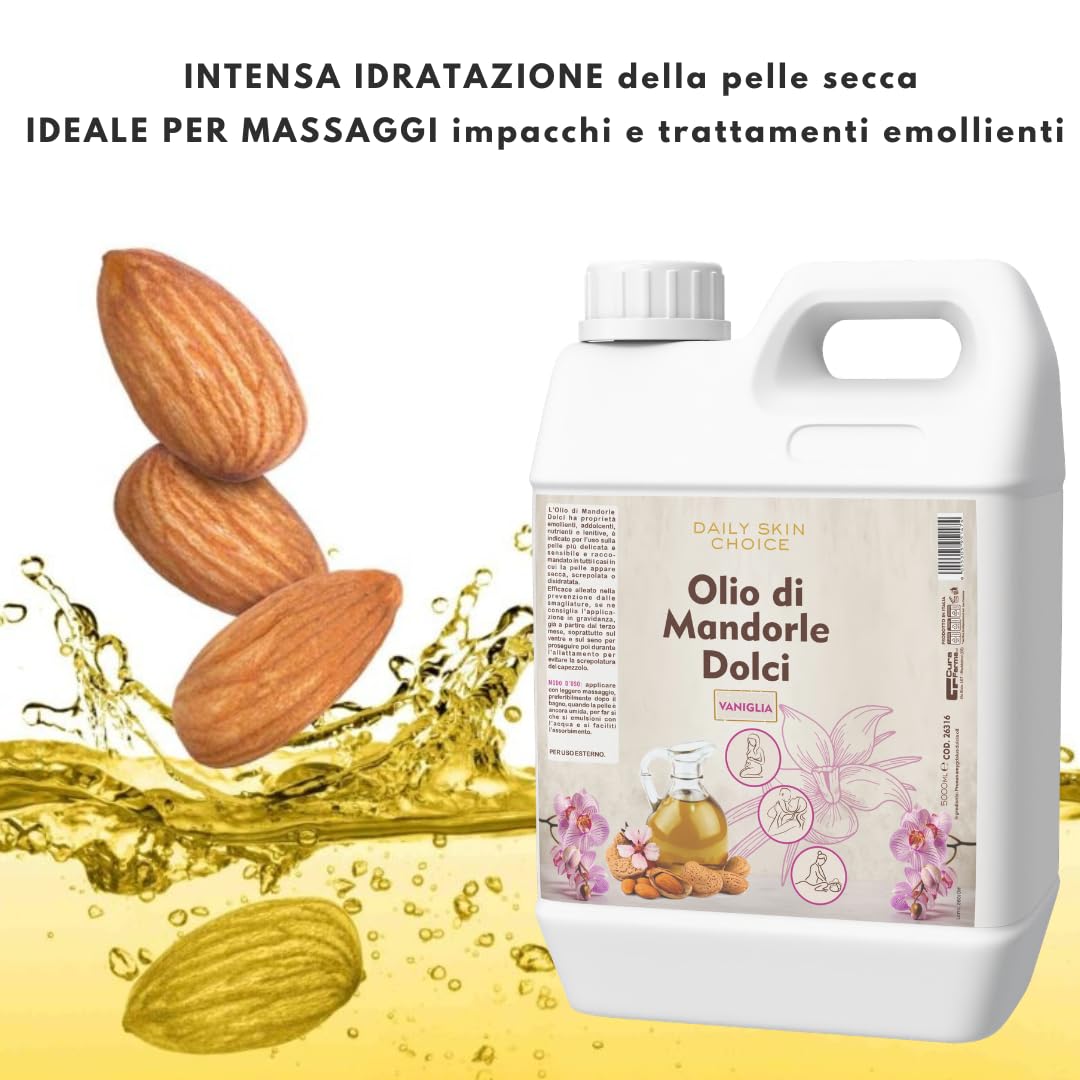 Olio di Mandorle Dolci al Profumo di vaniglia 5 L – Olio Corpo Emolliente e Nutriente per Massaggi, Post-Doccia e Post-Ceretta – Formato Professionale