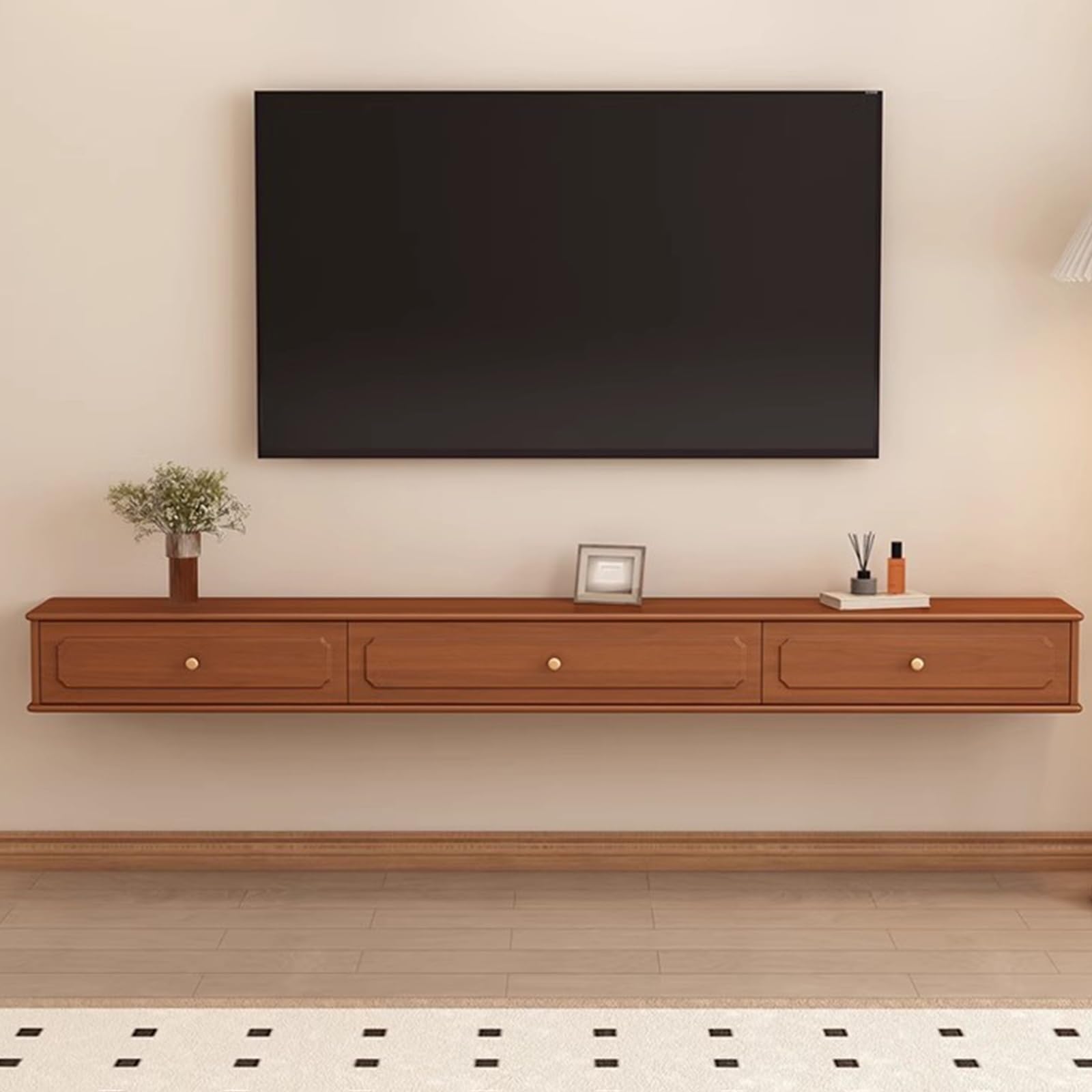 Wall-Mounted Solid Wood TV Stand, Floating Media Console for Living Room, Retro Door Design, 120 cm TV Storage Cabinet, Stylish Home Entertainment Unit