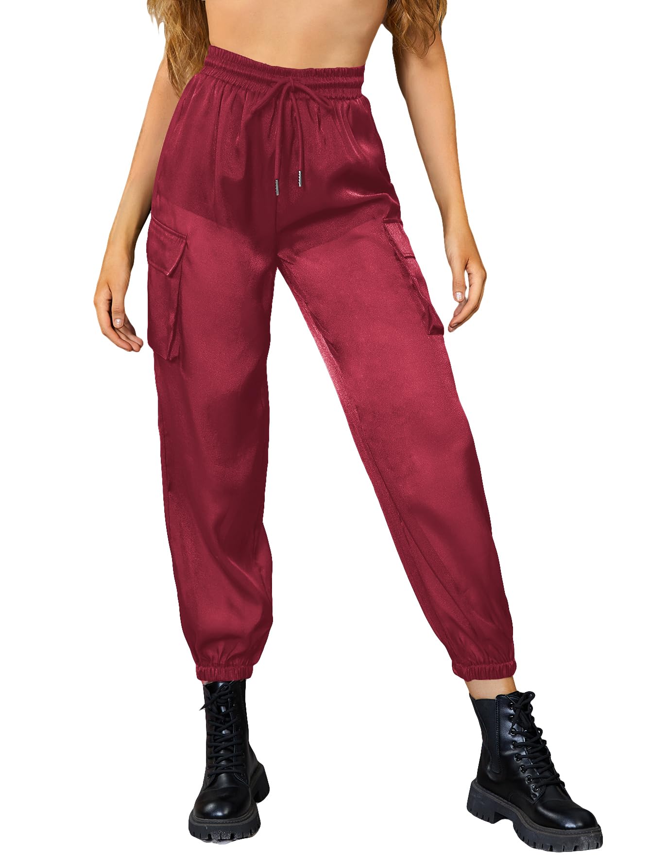 WDIRARA Womens Sheer Mesh High Waisted Straight Leg Cargo Pants with Pockets