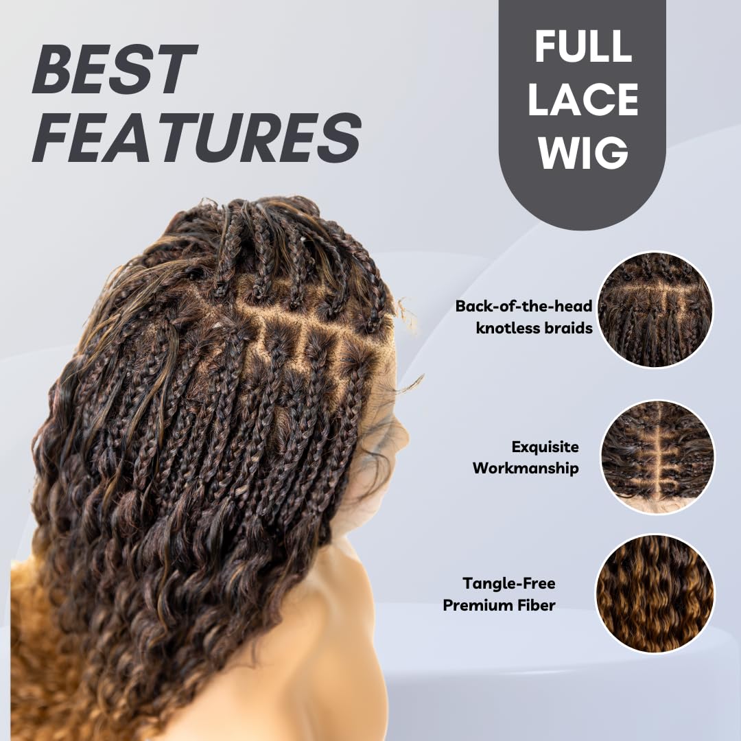 PIB Single Full Lace Braid Wig – Micro Boho Peruvian Deep Wave Box Braided Wig, Knotless Braided Wigs for Black Women, Curly Hair Wig (#1B30 Off Black and Brown, 24")