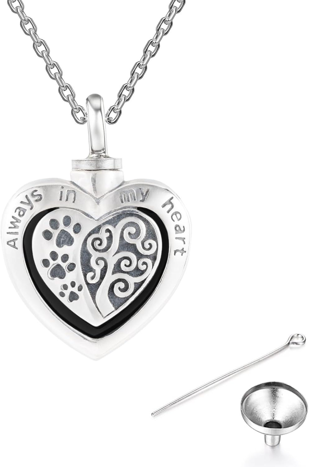 925 Sterling Silver Heart Pet Urn Necklace for Ashes - Dog/Cat Memorial, Paw Print & Tree of Life, Always in My Heart Engraved 18"