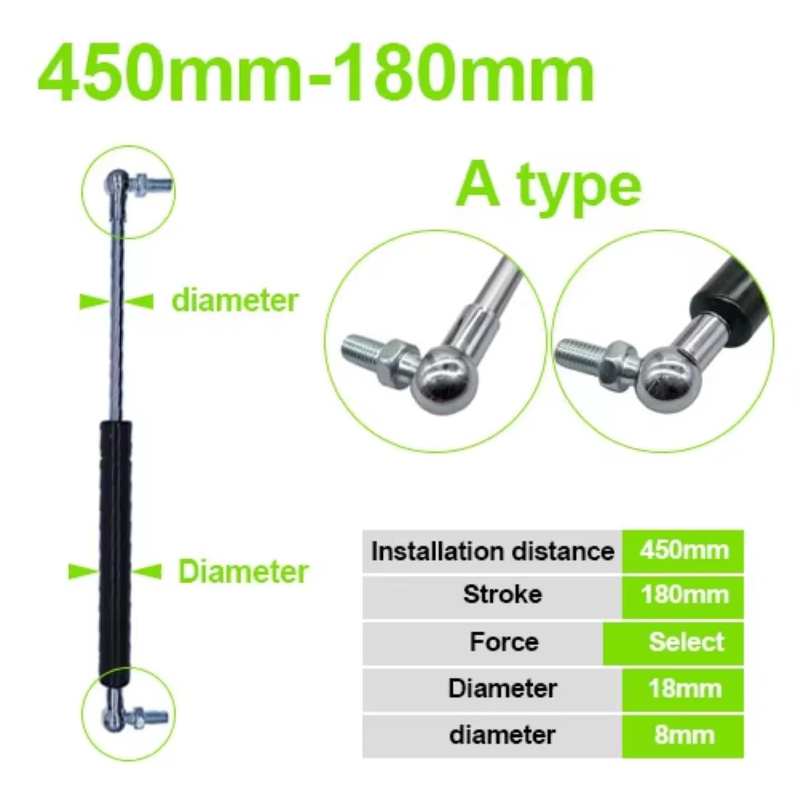 Amortisseur hydraulique Pliante À Ressort À Gaz 2 Pièces Tige 18 X 8 Course 50-500N Force Levage Distance Du Centre Du Trou Support 420-550Mm Course 170-230Mm Lot vérins à gaz(450-180-200N)