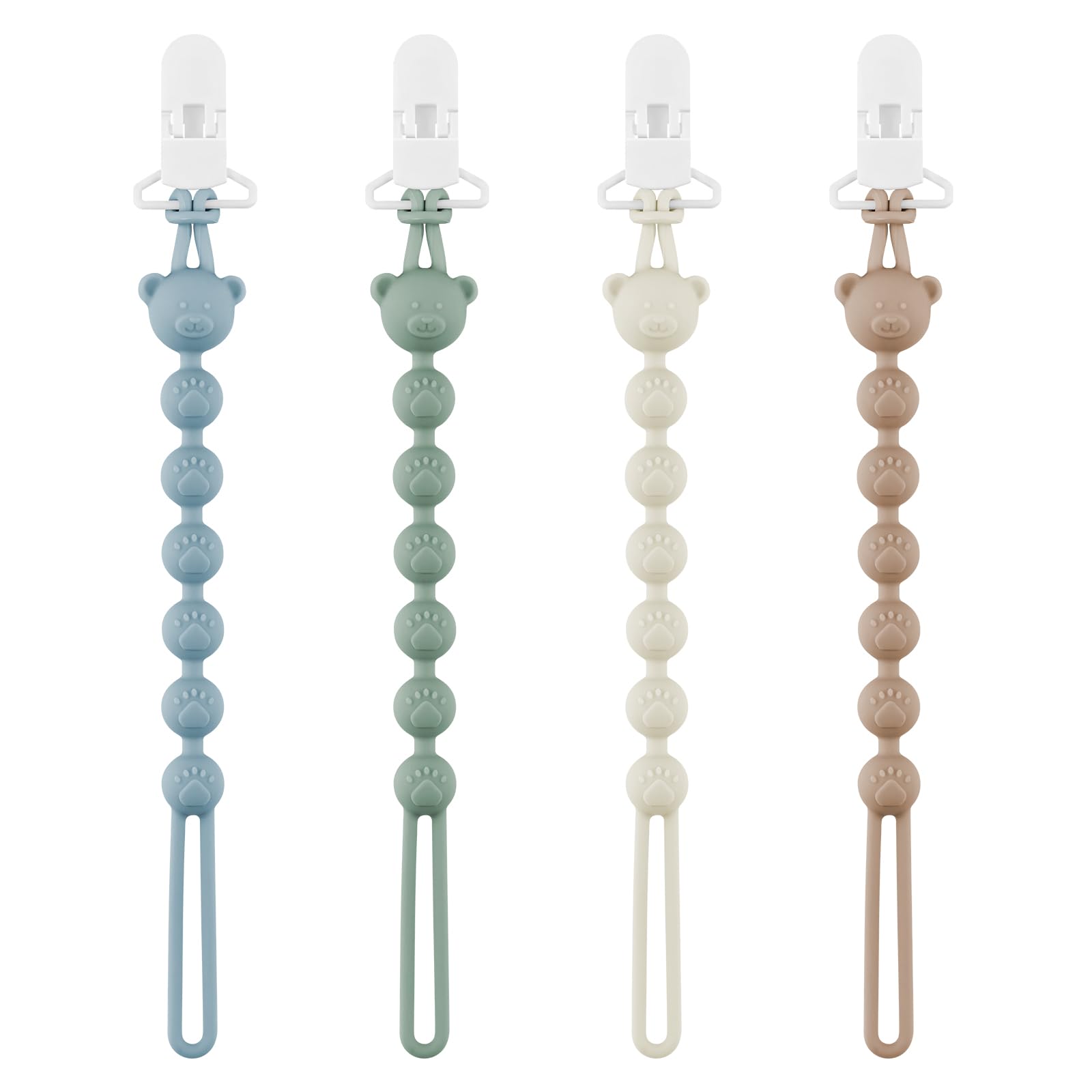 DOUUCO 4er Pack Baby Schnullerkette Silikon mit Sicherheitsclip, Schnullerband für Jungen & Mädchen, Pacifier Chain & Schnullerclip Leicht zu Reinigen, Schnullerketten für Kinderwagen und Babytragen