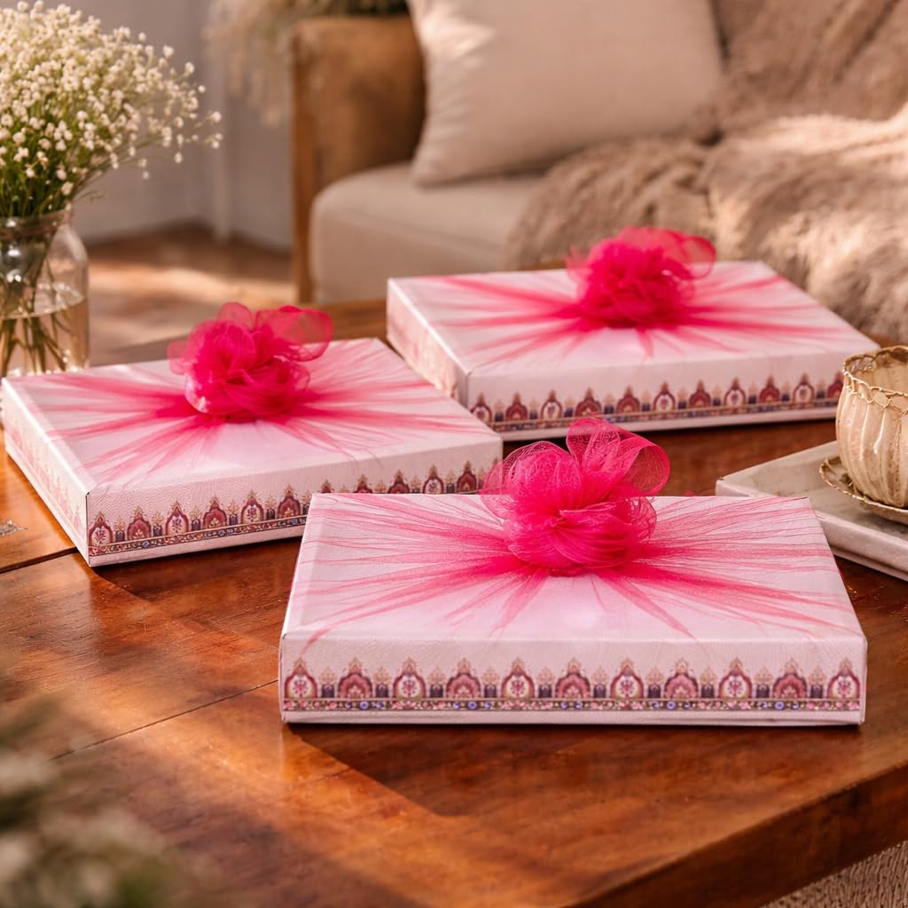 SATYAM KRAFT 6 Pcs Multipurpose Decorative Folding Gift Box | Premium Paper Tray with Net for Wedding Return Gifts, Shaadi/Marriage, Anniversary, Hampers, Festive Gift Packaging (Cream)