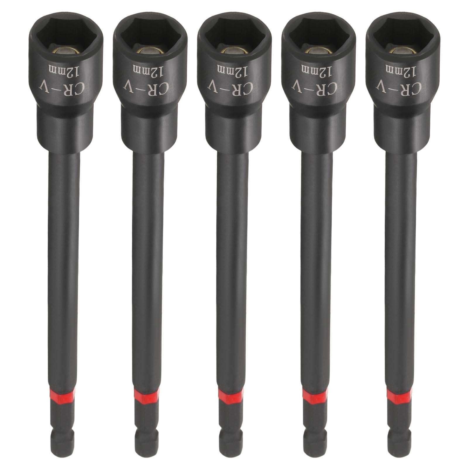 sourcing map 5pcs Nut Driver Drill Bit 12mm Metric Socket 1/4" Hex Shank 6" (150mm) Long Magnetic 6-Point Sockets Quick Change Phosphated CR-V Steel Bolt Setters for Power Drill Drivers, Black — image 1