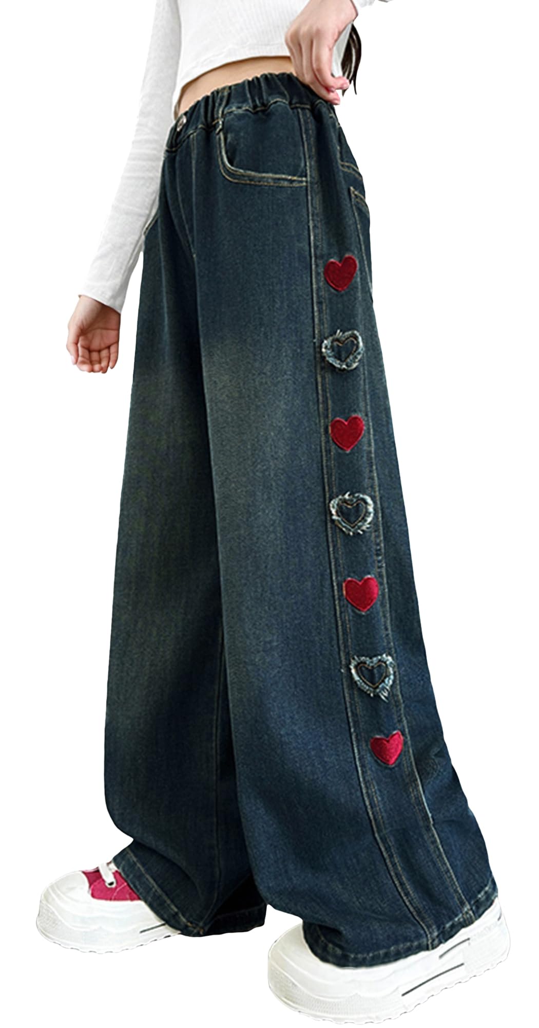 Vaqueros de Pierna Recta para Niña Pantalones de Denim Cintura Elástica Pantalones de Algodón Cómodo Jean Bordado Transpirable 5-13 Años