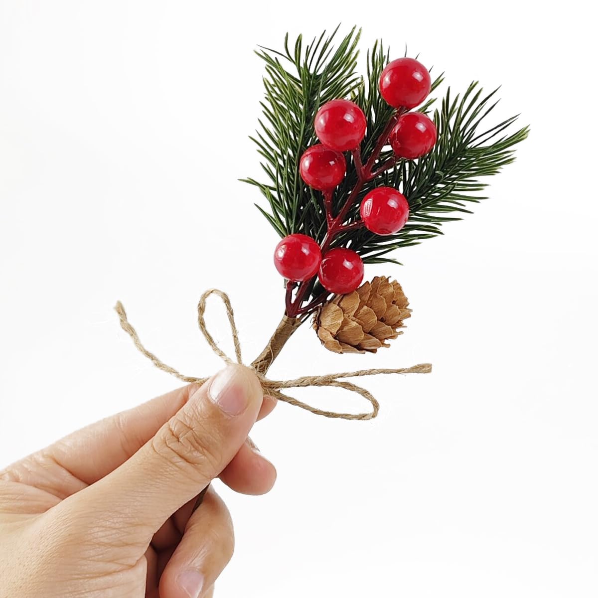 TIHOOD 20,3 cm große Tannenzapfen, rote Beeren, Stiele, Basteln, Zweig, Weihnachtskranz, Stechpalme, künstliche immergrüne Zweige, winzige Tannenzapfen, Dekoration, Blumenplektren für
