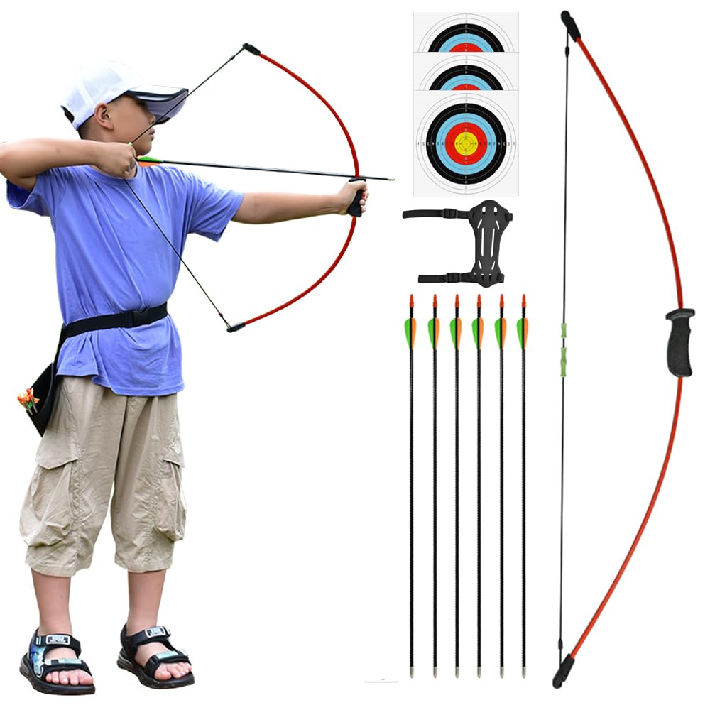 SUFFUSE Kids Bow and Arrow Set, Youth Bow and Arrow Set with 6 Arrows 3 Target Face and 1 Arm Guard, Archery Beginner Gift for Backyard Game