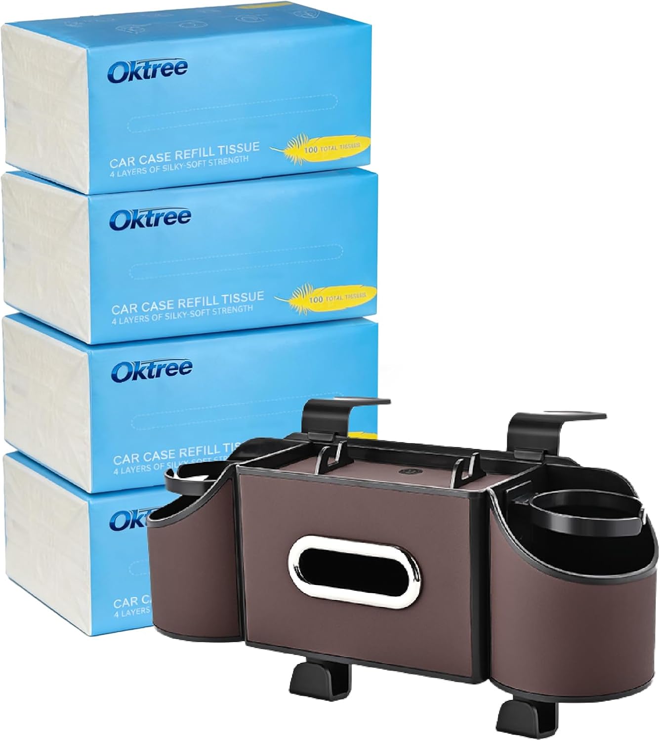 4-in-1 Car Organizer Back Seat with Multi-Pocket & Universal Cup Holders for Travel & Daily Use (brown) + Ultra Soft 4- Facial Tissues, 4 Packs (400 Sheets) for Car, Home & Travel