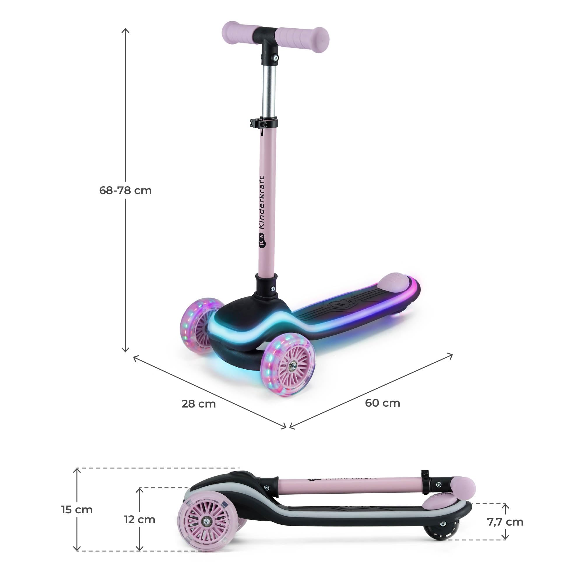 Kinderkraft RAKET Monopattino Bambini 2+ Anni a 3 Ruote con Luci LED RGB – Leggero e Pieghevole, Manubrio Regolabile, Sistema di Equilibrio, Freno Sicuro, Rosa