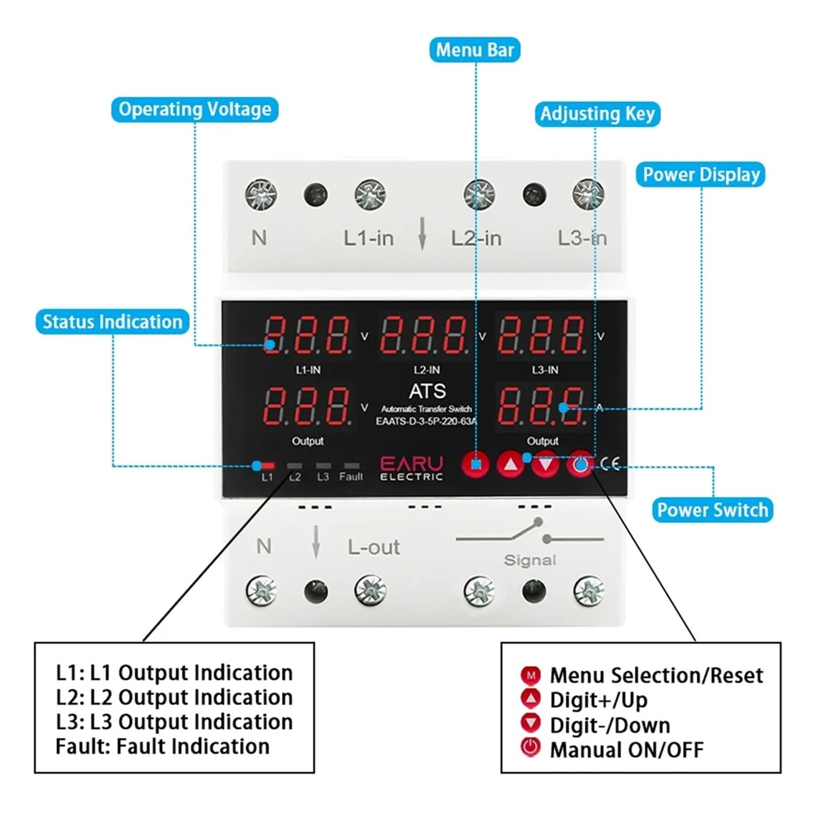 63A 100A 3 fases 3P + N Protector de sobretensión ATS Interruptor de Transferencia Automática Selector de fase potencia ininterrumpida sobrecorriente(5 Displays,100A)