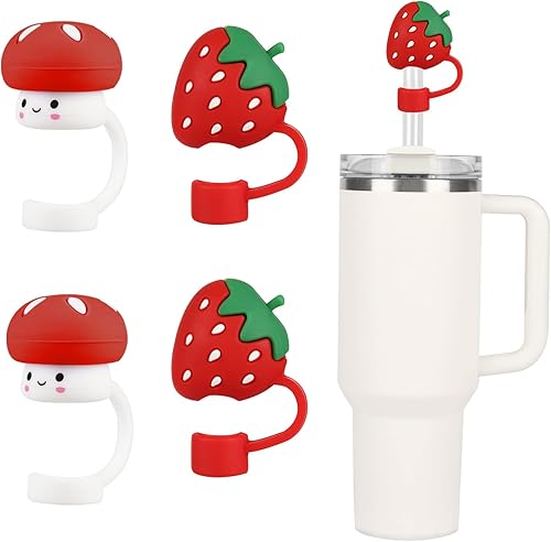 4 fundas de paja de silicona de 0.394 in con diseño de hongos y fresas para tazas Stanley, 30, 40 onzas, tapa de popote para vasos, reutilizable, a
