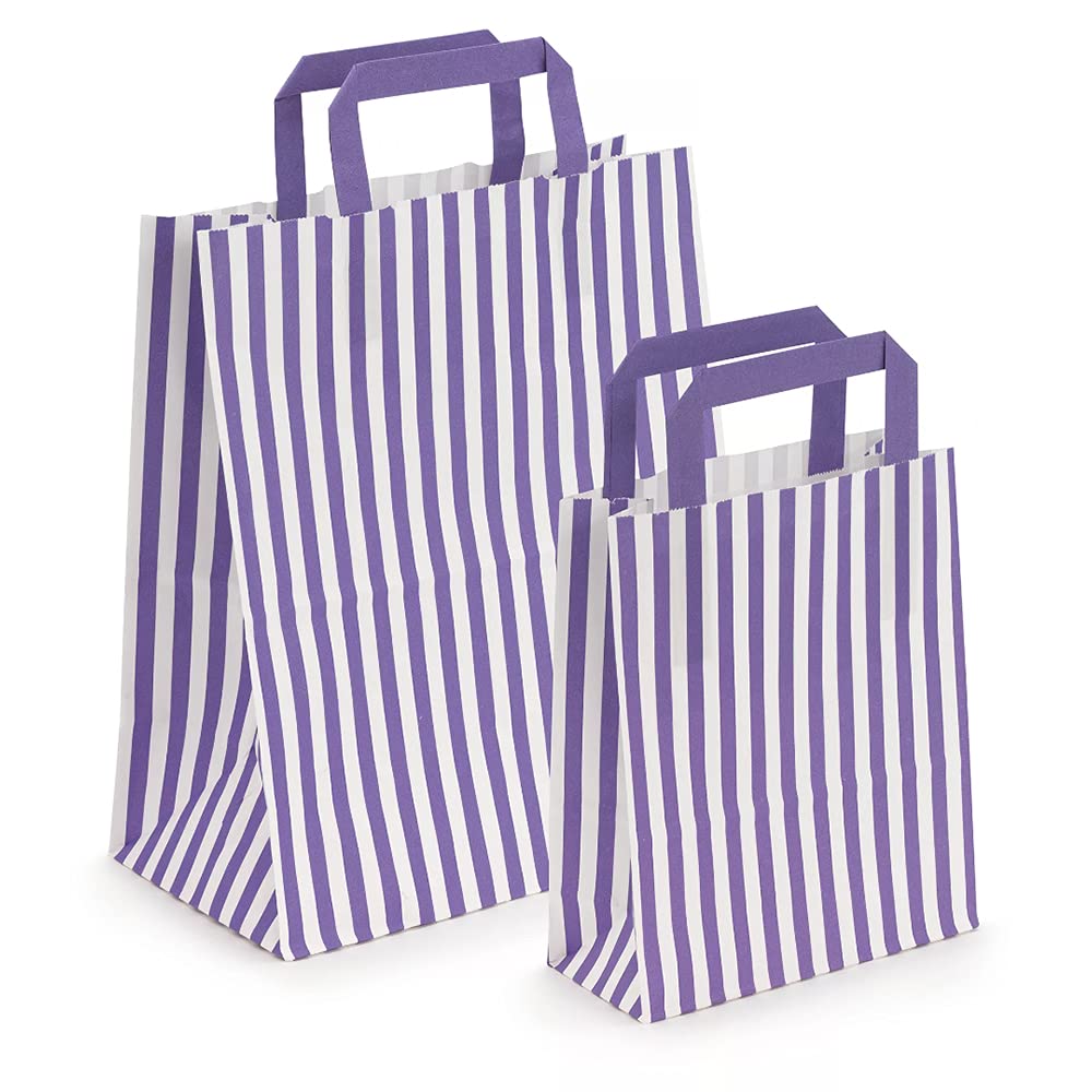 50 x Candy Striped Coloured Paper Tape Handle Carrier Bags (18 x 8 x 23cm, Purple)