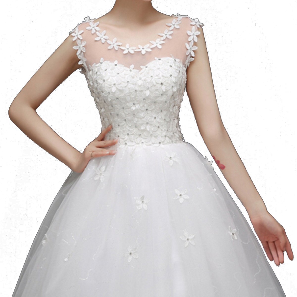 Vestito da sposa, da donna, elegante, in pizzo con schiena nuda, con fiori