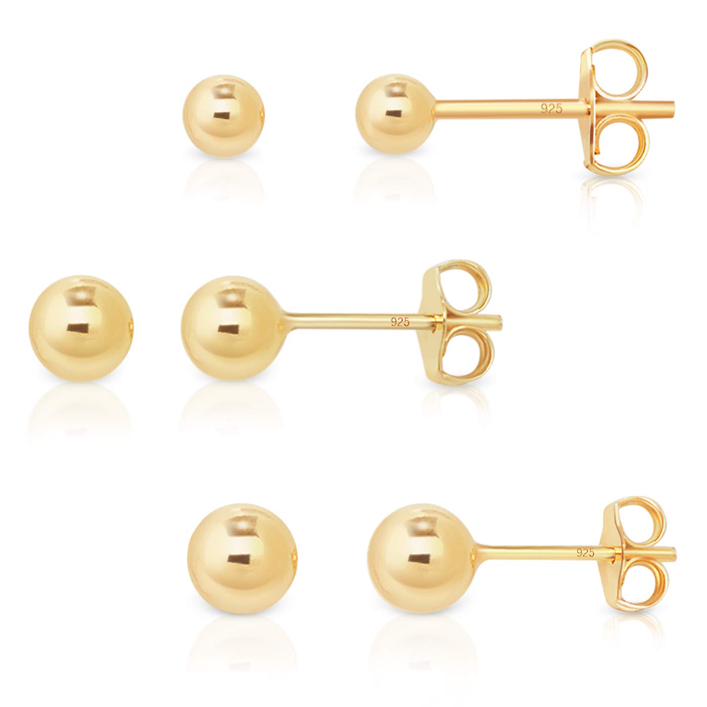 DTPsilver Pack de 3 Pendientes Bola Plata de Ley 925, Chapados Oro Rosa o Amarillo - Pendientes Bolitas Pequeñas - Pendientes Pequeños Mujer Bolas - Diámetro Bola 4, 5, 6 mm