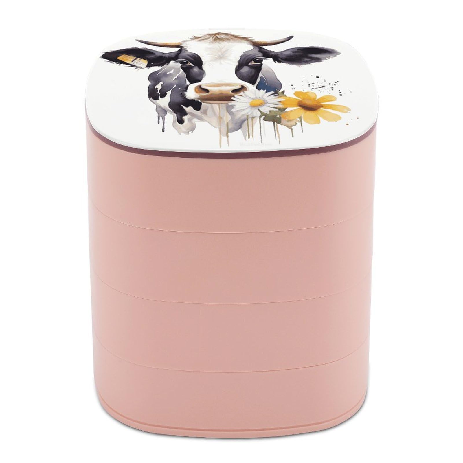 FekiLoot Watercolor Cow And Daisy Flower Jewelry Box 4-Layers Rotatable Jewelry Organizer Storage Box with Mirror Cute Travel Jewelry Case Portable Earring Holder Organizer for Ring Necklace Bracelet
