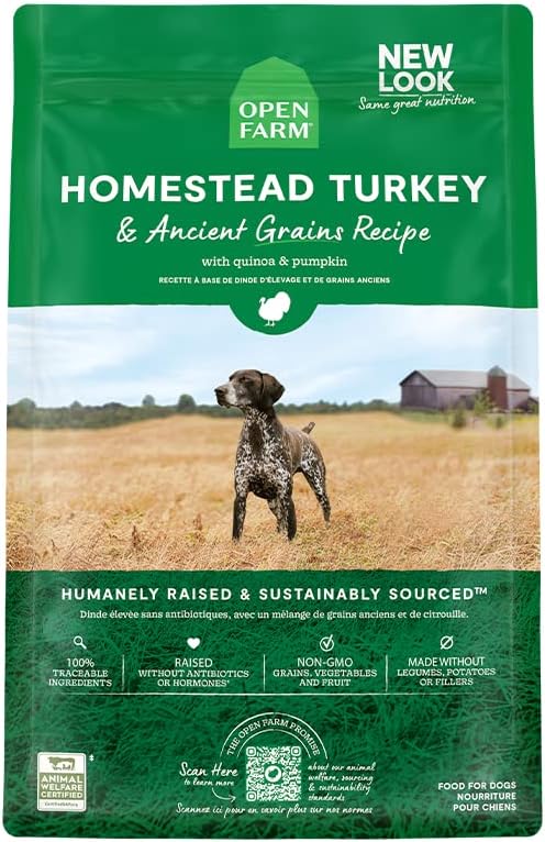Open Farm Homestead Turkey & Ancient Grains Dry Dog Food, Family Farmed Turkey Recipe with Wholesome Grains and No Artificial Flavors or Preservatives, 22 lbs