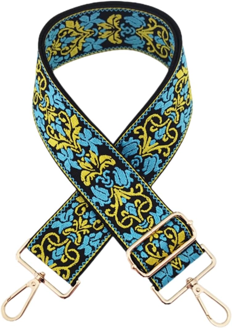 Damask Pattern Adjustable Bag Strap Replacement 2inch Wide Jacquard Belt for Purse Shoulder Guitar Camera Luggage Bags (Black Blue Yellow)