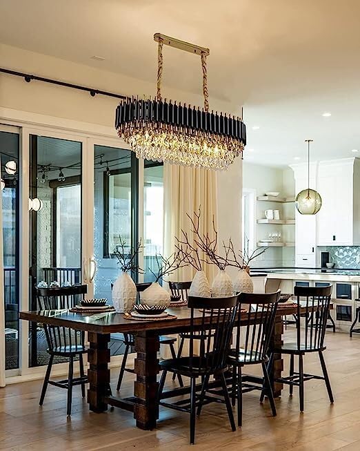 Image of Modern Crystal Chandelier 600X300mm Black and Gold Round Pendant Ceiling Light Fixture Flush Mount for Dining Room Living Room Bedroom Foyer Hallway Entryway