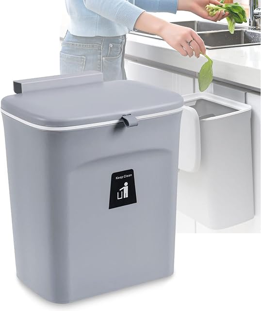 SENENQU Kitchen Hanging Waste Bin, 9 Litre Wall Mounted Bin for Cabinet Door, Plastic Cupboard Trash Bin for Kitchen Cabinet Bedroom Bathroom Office