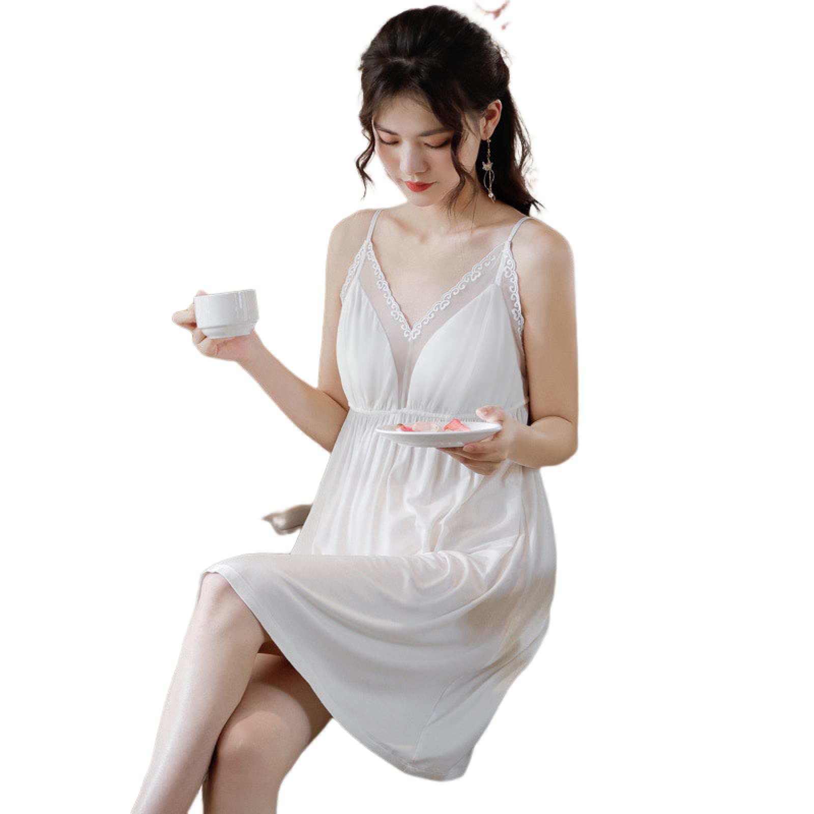 OFFSUM Camisón De Pijama De Mujer - Camisón Sexy De Encaje con Cuello En V De Algodón De Longitud Media Vestido De Verano Sin Mangas con Tirantes Ropa De Casa Ropa De Dormir De Princesa
