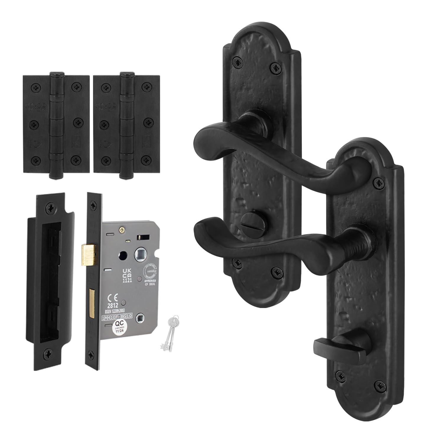 Eai Black Antique Door Handles Key Lock, 1 Pair Of Cast Iron Scroll Shaped Backplate Internal And External Handles, Alton