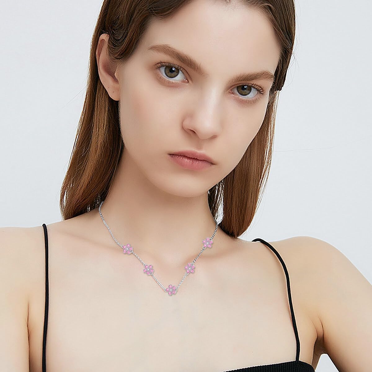 Diamond Cherry Blossom Necklace for Women 925 Sterling Silver 1.2mm Cable Chain and Pendant with Lab Grown Diamond Flower Jewelry Gifts for Her - Image 4