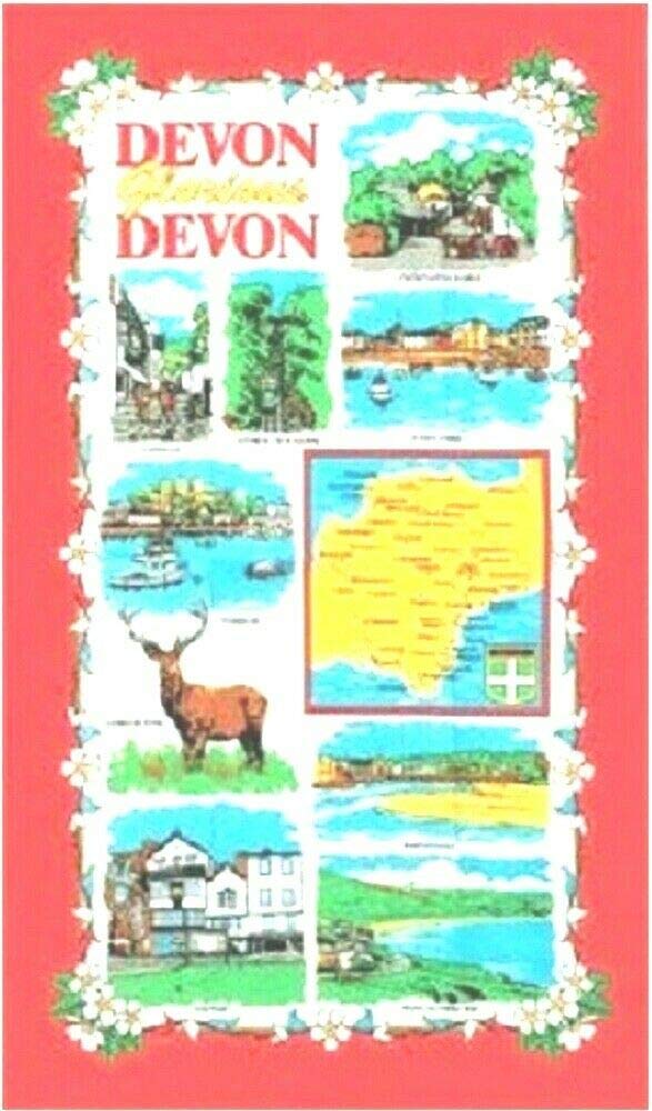 Elgate Red Devon Tea Towel Souvenir Gift Map Scenes Collage Montage Sights Landmarks