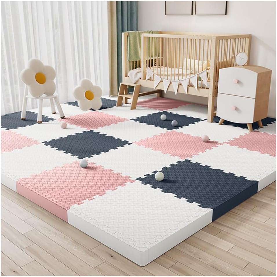 24Pcs Interlocking Foam Floor Mats – 12″x12″ Thick Puzzle Tiles for Kids Playroom, Non-Slip Soft Gym Exercise Mat, Floor Protection in White, Light Pink & Navy Blue
