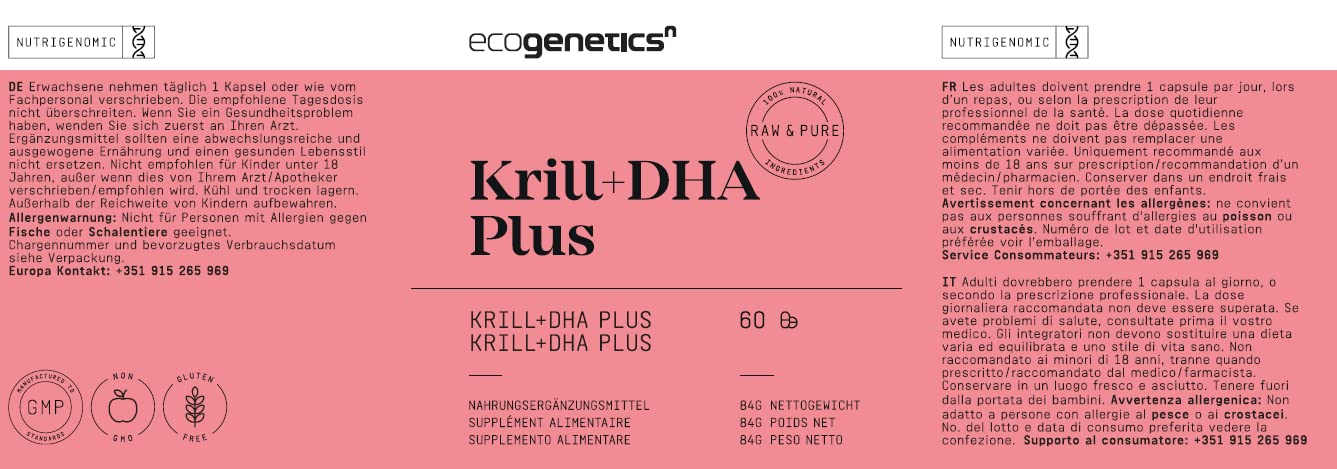 ECOGENETICS - Huile de Krill+DHA Plus 60 Capsules Molles | Source Premium d'Omega 3 (415mg par capsule) pour la Santé Cardiovasculaire | Stimulant Cérébral Idéal pour la Concentration et la Mémoire
