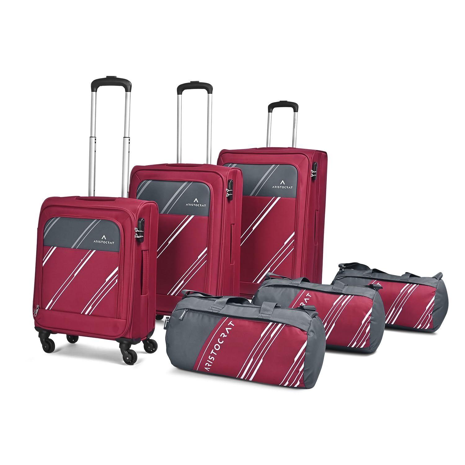 AristocratPolyester Trigon Hexa Active Luggage Set Of 6-3 Trolley Bags (Cabin 55Cm+69Cm+79Cm) & 3 Duffle Bags 52Cm For Travel With 5 Years International Warranty (Red,soft,4 Spinner)