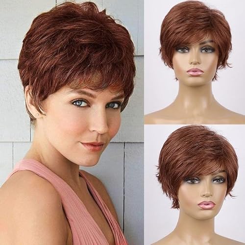 Luxclipse Short Pixie Cut Wigs Human Hair with Bangs Brown