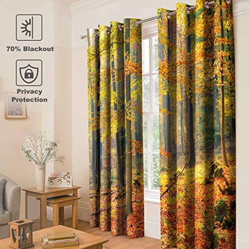 Jekeno Fall Tree Forest Blackout Curtains Jungle Autumn Tree Yellow Leaves Nature Scenery Decor Fall Decoration Home Bedroom Living Room Grommet Window Drapes 2 Panel Set, 52"x84"