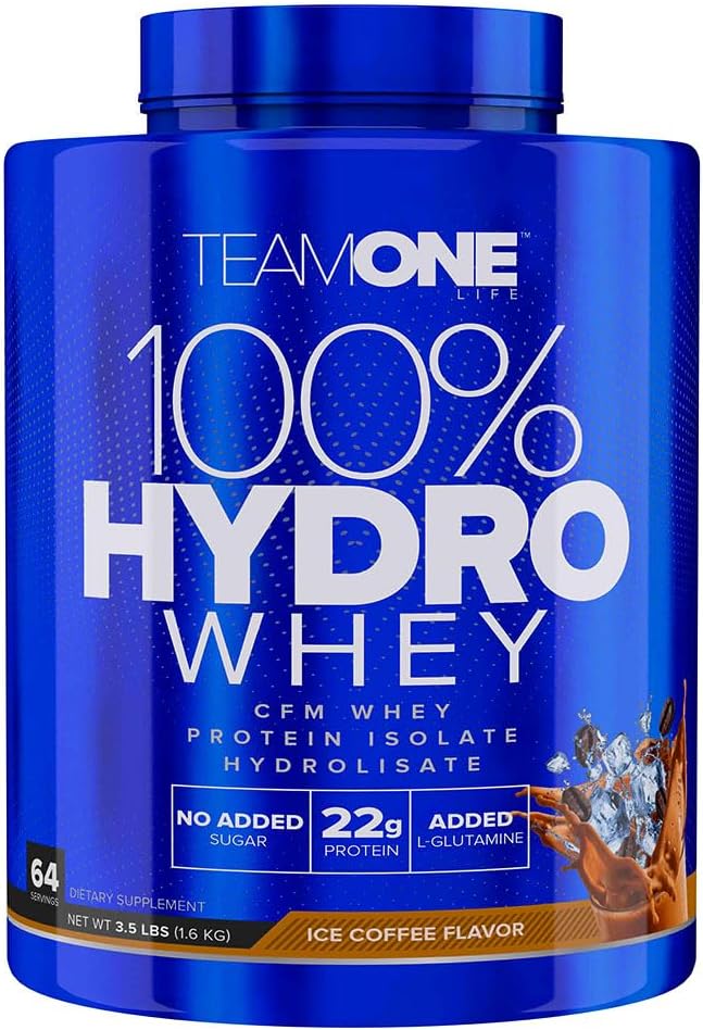 Team One Life 100% Hydro Whey, (22g) High Protein Isolate Hydrolysate, Supporting Muscle Growth, Recovery, No Added Sugar - Added L-Glutamine - (3.5 LB, Ice Coffee)
