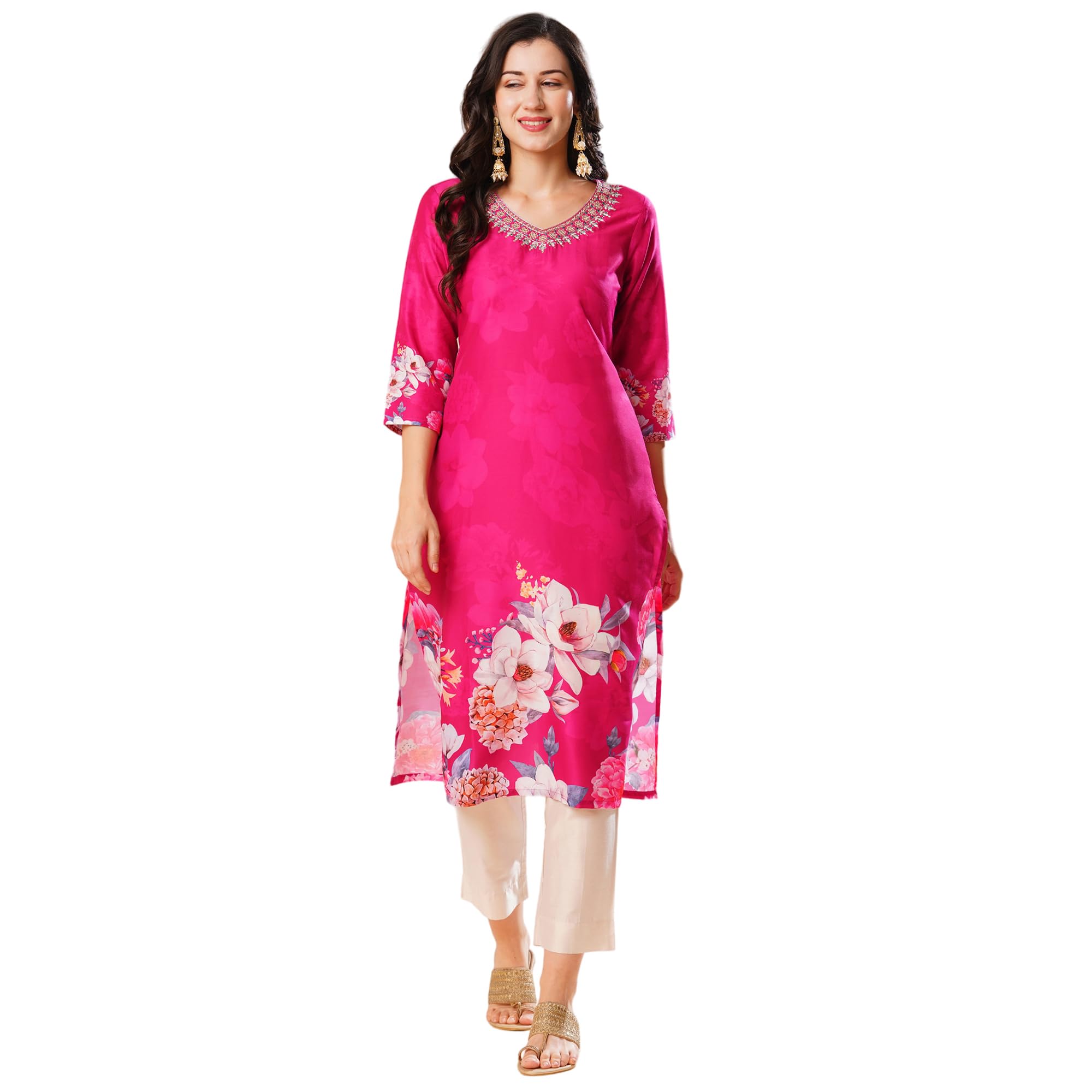 GlobusWomen Floral V-Neck Straight Kurta