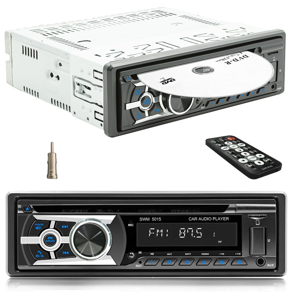 Radio de Coche con Reproductor de CD Bluetooth y Llamadas Manos Libres, Bluetooth 1 DIN USB/TF/Reproductor de MP3/entrada AUX, Radio FM/Am, RDS, RCA, función de búsqueda automática, 60 W x 4