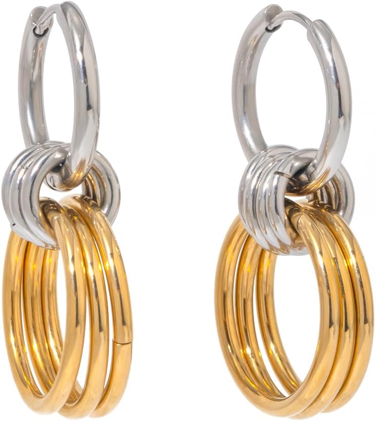 Women's Two-Tone Stainless Steel Huggie Hoop Earrings with Gold Winding Dangle Element