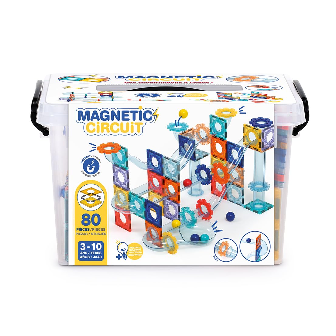 LUDI – Circuit Magnétique – Circuit à Billes avec 26 plaques aimantées, 48 éléments de Parcours et 6 Billes – Construction 2D et 3D – Dès 3 Ans