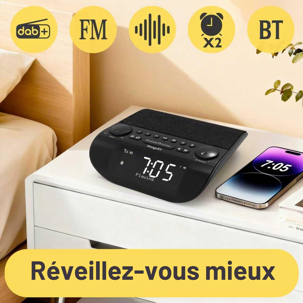 UP-Pro Dab/Dab+ Radio Réveil avec Bluetooth et FM,Bruit Blanc | 90dB Double Alarme,Snooze,Grand écran réglable, haut-parleurs stéréo, Minuterie Sommeil, ASA, EQ, DAB&FM Présélections, Noir