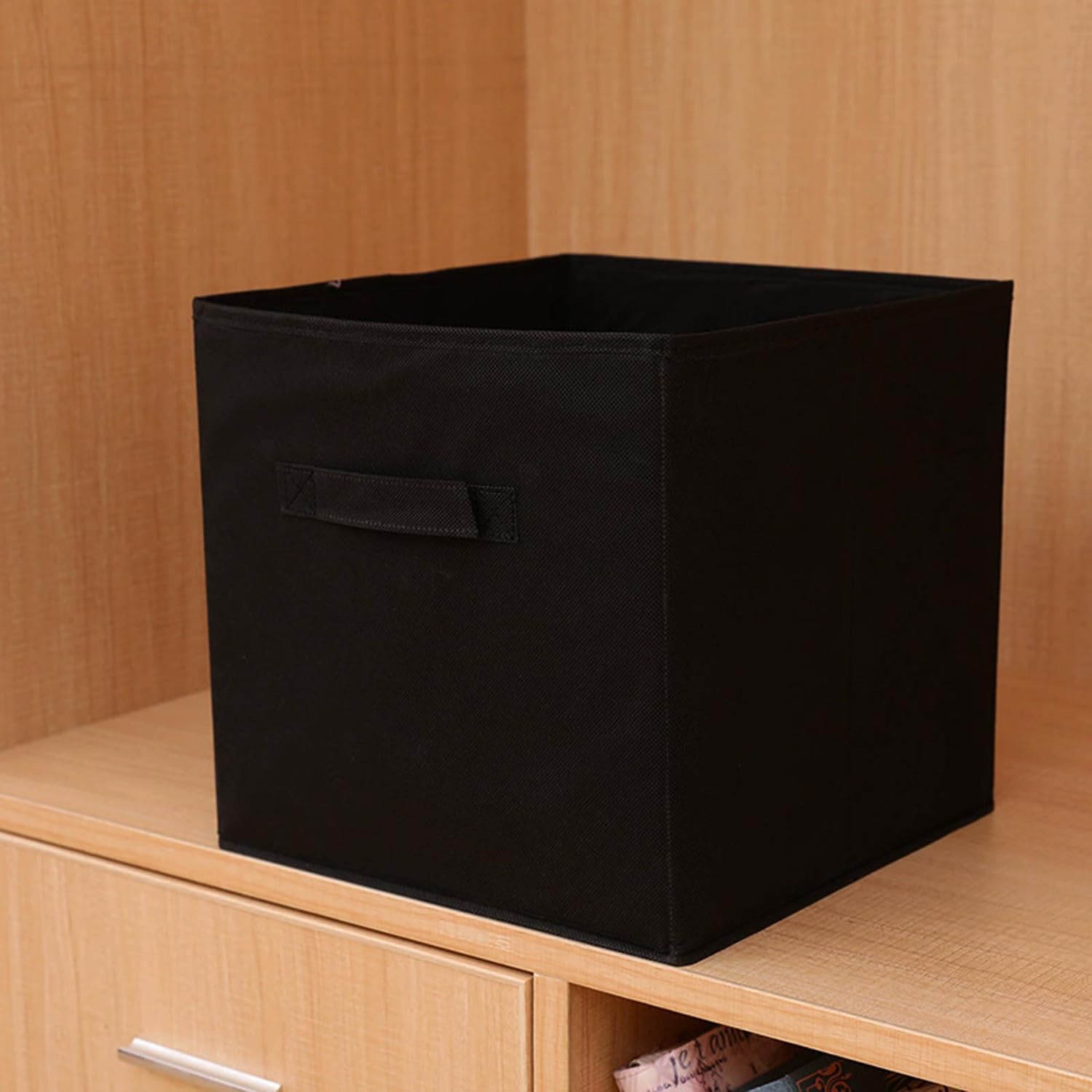 Cajas de almacenamiento con asas, organizador de almacenamiento plegable para estantes, armario, hogar, oficina, ropa, cestas de juguetes (6 unidades, 28 cm, negro)