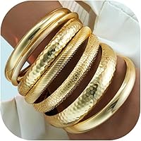 YEEZII 7PCS 14K Gold Plated Stackable Bangle Bracelets for Women - Boho Chunky Textured Gold Bangles Set Jewelry Gifts