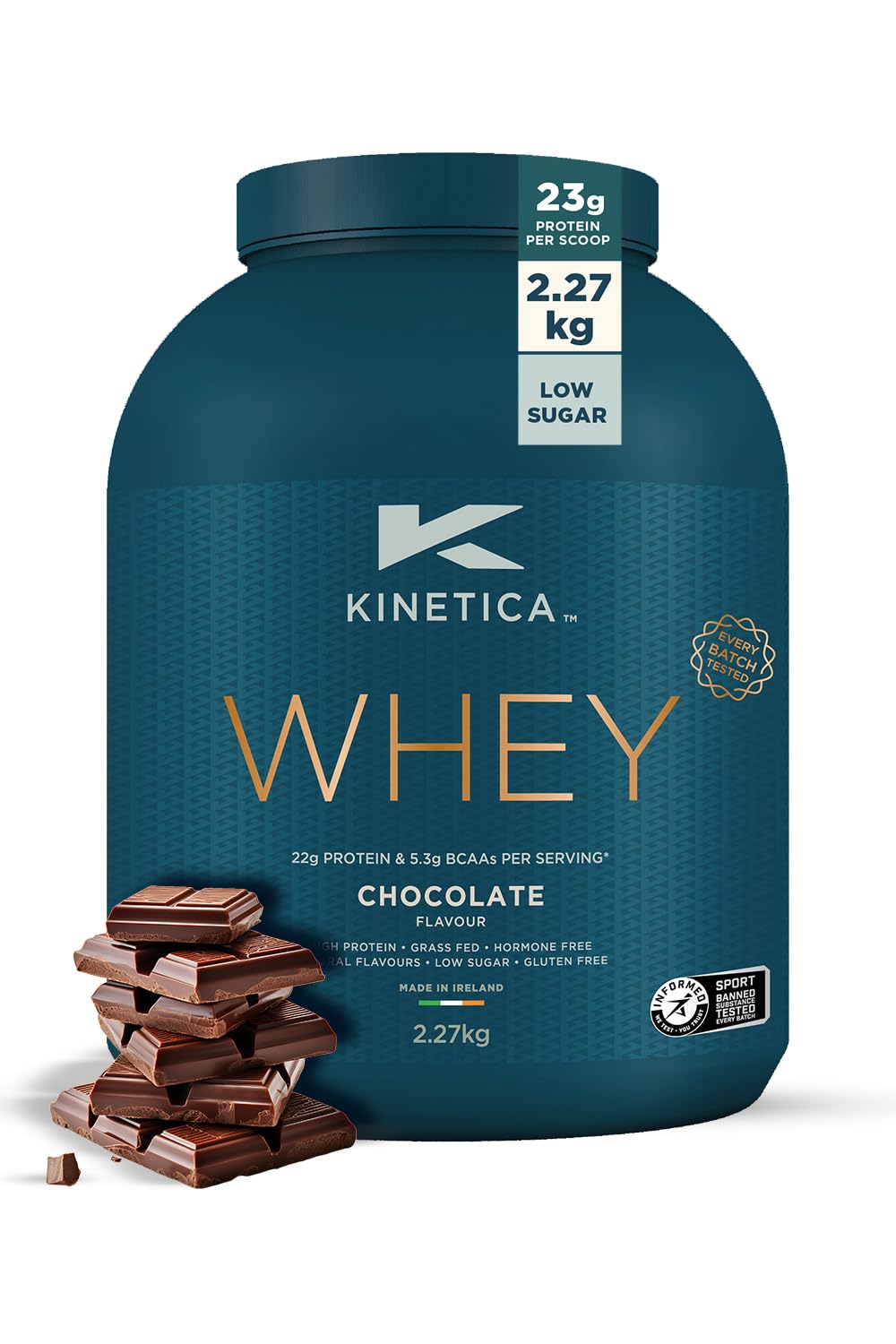 Kinetica Sports Whey Protein Powder - Chocolate Flavour |22g Protein/Serve, 76 Servings/2.27Kg Pack |Gluten Free Supplement | Optimum for Muscle Growth & Recovery |Mixes Well with Water, Milk & Shakes