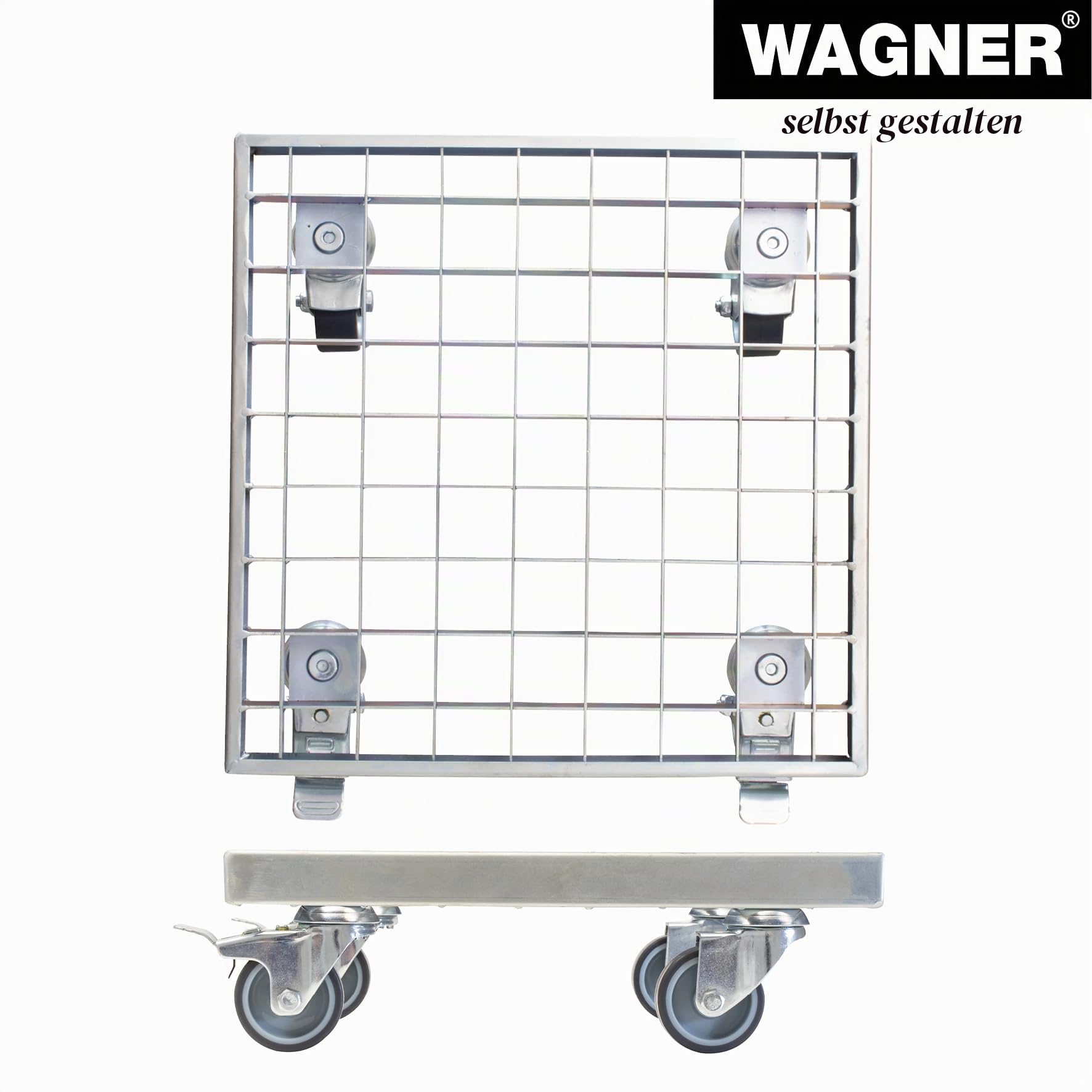 WAGNER Pflanzenroller Industrial Style 29 x 29 x 9,5 cm I Blumenroller für Innenbereich + Außenbereich I Kübelroller aus verzinktem Stahl Gitterrost, Silber I Tragkraft 200 kg - 20701501