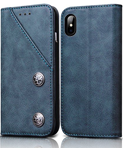 FOGEEK iPhone X/iPhone 10 Brieftasche Hülle, Vintage[Premium PC Leder] [Standfunktion] [Kartenfach] [Magnetverschluss] Schlanke Leder Handyhülle Flip Hülle für Apple iPhone X/iPhone 10(blau)